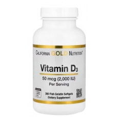 California Gold Nutrition Vitamin D3 50 mcg (2000 IU) 360 Fish Gelatin Softgels